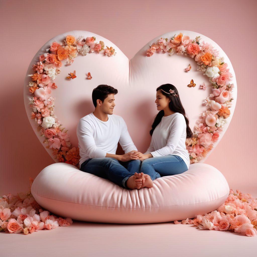 A cozy, warm scene of a couple sitting together with their backs against a giant heart-shaped cushion, surrounded by floating insurance symbols like shields and hearts, symbolizing protection and love. Soft pastel colors create an inviting atmosphere, while subtle elements of nature like blooming flowers and butterflies enhance the sense of growth in their relationship. super-realistic. vibrant colors. warm tones.