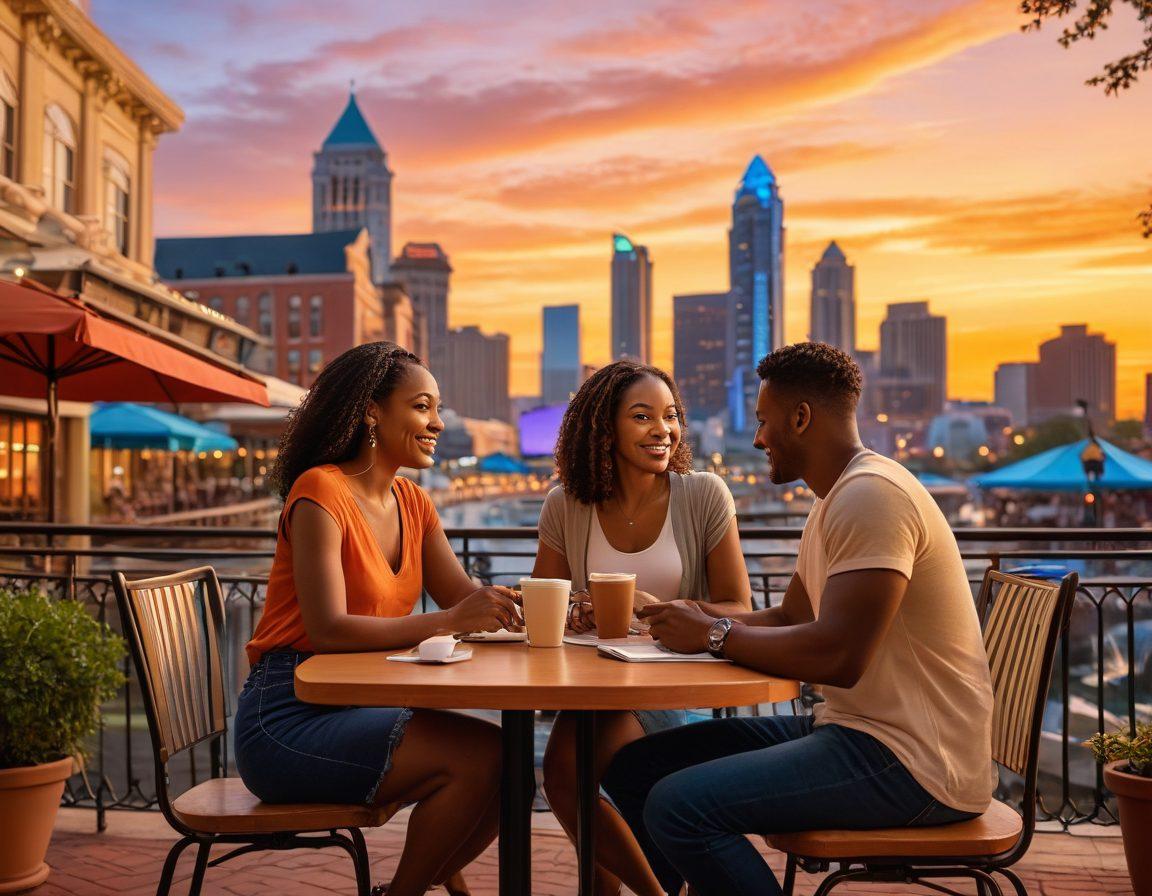 A romantic scene showing a diverse couple in Atlanta, surrounded by iconic landmarks like the Georgia Aquarium and the Fox Theatre, discussing insurance options over a cozy coffee date. Include visual elements like insurance documents and a laptop with graphs and charts to symbolize financial security. The couple is smiling and engaged, representing love and partnership, with a warm sunset in the background. vibrant colors. super-realistic.