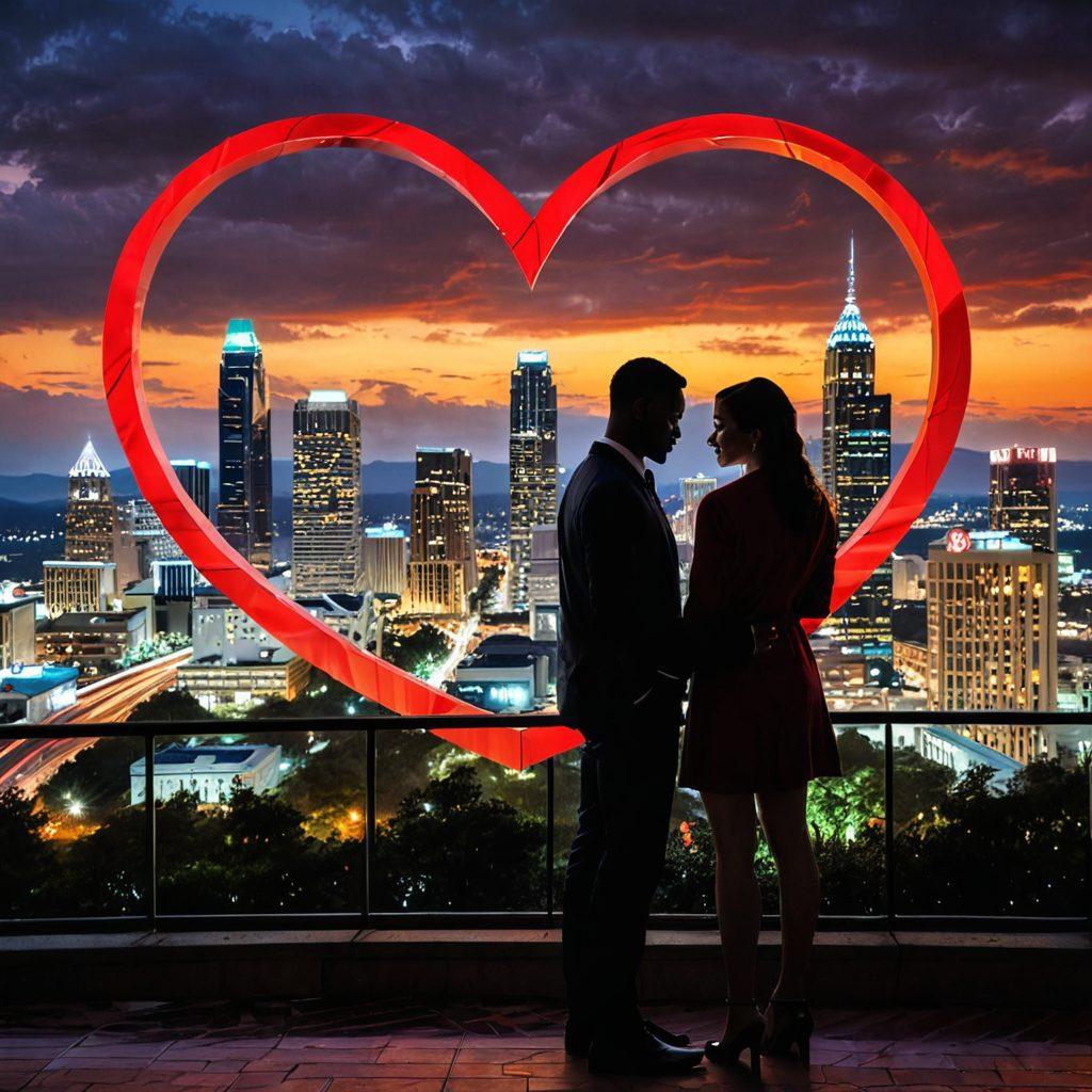 A romantic scene of an Atlanta couple standing together, with a backdrop of iconic Atlanta skyline. The couple holds hands while looking at a large heart shape made of various insurance policy documents swirling around them. Soft lighting to create an intimate atmosphere and hints of greenery in the foreground. Emphasize love, protection, and security. super-realistic. vibrant colors. city background.
